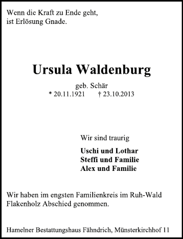  Traueranzeige für Ursula Waldenburg vom 02.11.2013 aus Deister- und Weserzeitung