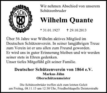 Traueranzeige von Wilhelm Quante von Deister- und Weserzeitung