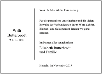 Traueranzeige von Willi Butterbrodt von Deister- und Weserzeitung
