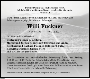 Traueranzeige von Willi Fuckner von Deister- und Weserzeitung