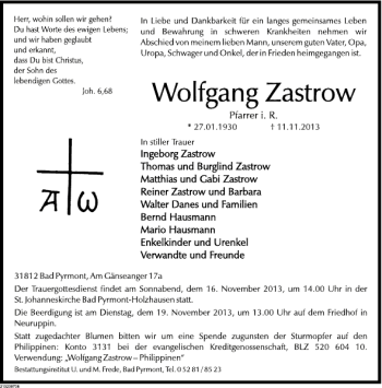 Traueranzeige von Wolfgang Zastrow von Deister- und Weserzeitung