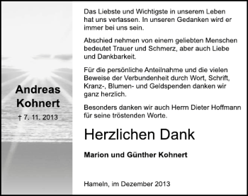 Traueranzeige von Andreas Kohnert von Deister- und Weserzeitung