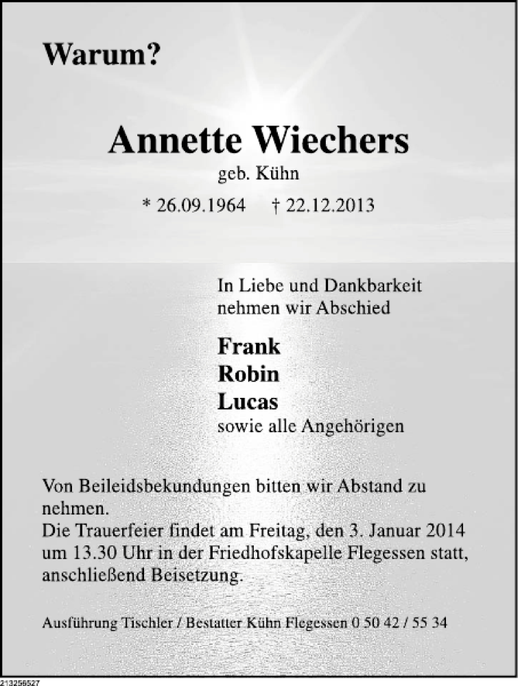  Traueranzeige für Annette Wichers vom 28.12.2013 aus Deister- und Weserzeitung