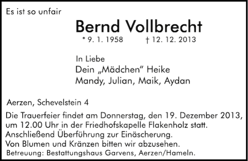  Traueranzeige für Bernd Vollbrecht vom 17.12.2013 aus Deister- und Weserzeitung