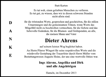 Traueranzeige von Dieter Ahrens von Deister- und Weserzeitung