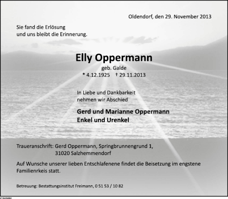  Traueranzeige für Elly Oppermann vom 07.12.2013 aus Deister- und Weserzeitung