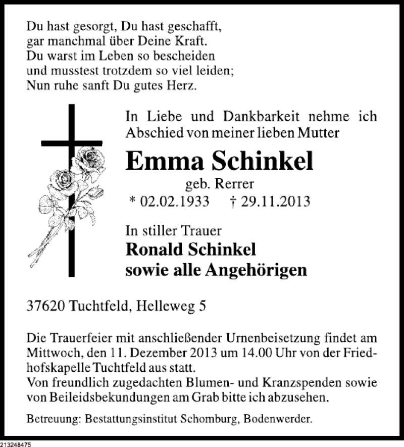  Traueranzeige für Emma Schinkel vom 07.12.2013 aus Deister- und Weserzeitung