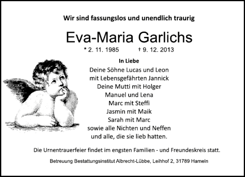  Traueranzeige für Eva-Maria Garlichs vom 14.12.2013 aus Deister- und Weserzeitung