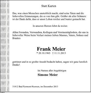 Traueranzeige von Frank Meier von Deister- und Weserzeitung