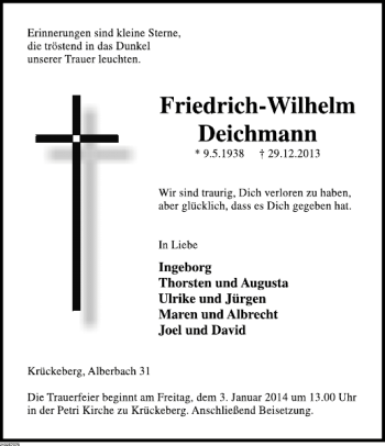 Traueranzeige von Freidrich-Wilhelm Deichmann von Deister- und Weserzeitung