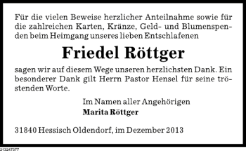 Traueranzeige von Friedel Röttger von Deister- und Weserzeitung