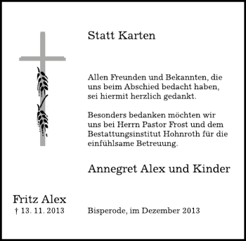 Traueranzeige von Fritz Alex von Deister- und Weserzeitung