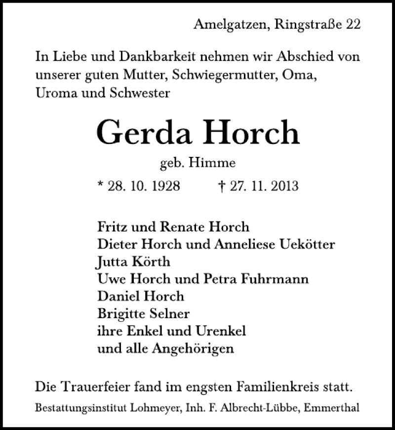  Traueranzeige für Gerda Horch vom 07.12.2013 aus Deister- und Weserzeitung
