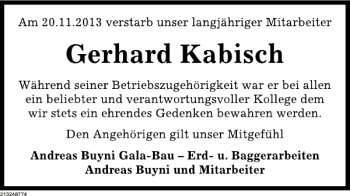 Traueranzeige von Gerhard Kabisch von Deister- und Weserzeitung