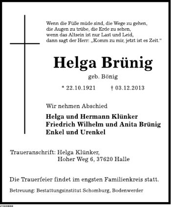 Traueranzeige von Helga Brünig von Deister- und Weserzeitung