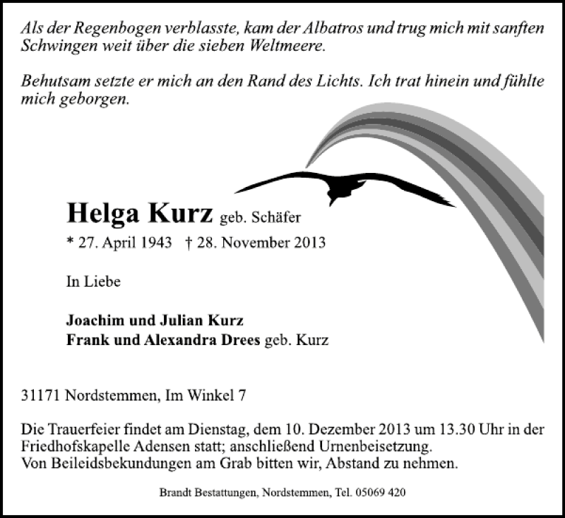  Traueranzeige für Helga Kurz vom 04.12.2013 aus Neue Deister-Zeitung