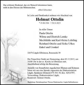 Traueranzeige von Helmut Ottolin von Deister- und Weserzeitung