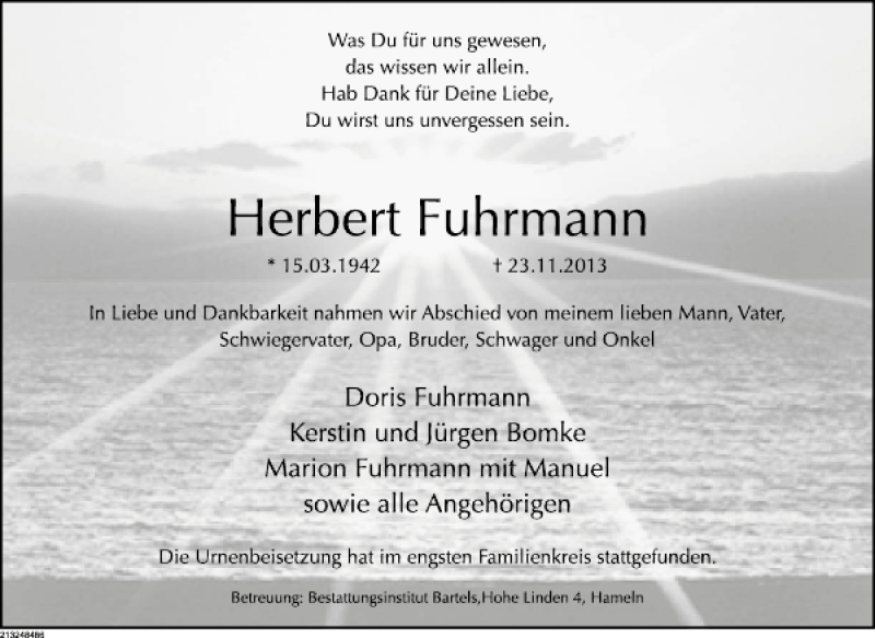  Traueranzeige für Herbert Fuhrmann vom 07.12.2013 aus Deister- und Weserzeitung
