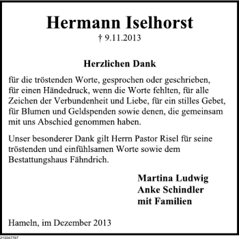 Traueranzeige von Hermann Iselhorst von Deister- und Weserzeitung