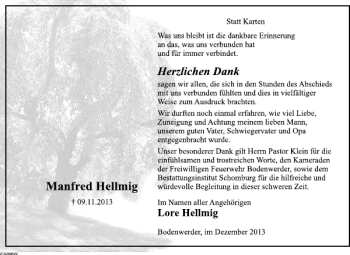 Traueranzeige von Manfred Hellmig von Deister- und Weserzeitung