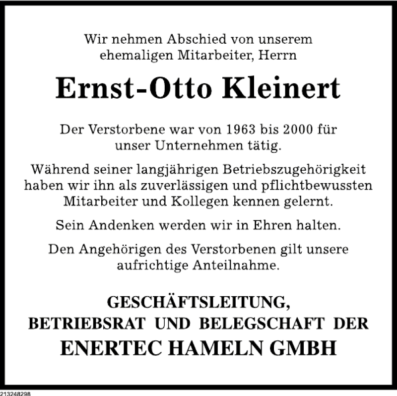  Traueranzeige für Nachruf Ernst-Otto Kleinert vom 04.12.2013 aus Deister- und Weserzeitung