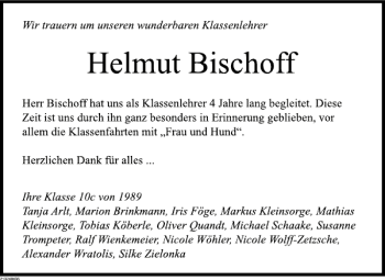 Traueranzeige von Nachruf Helmut Bischoff von Deister- und Weserzeitung