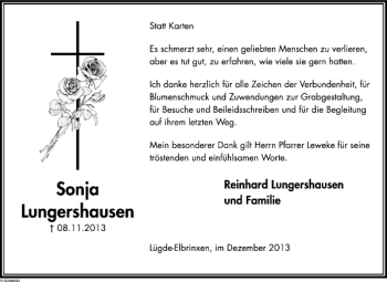 Traueranzeige von Sonja Lungershausen von Deister- und Weserzeitung