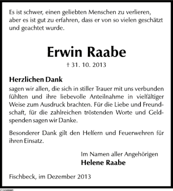 Traueranzeige von TD Erwin Raabe von Deister- und Weserzeitung