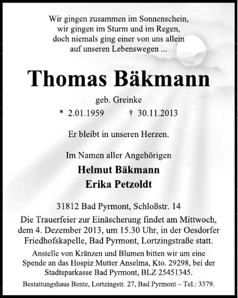  Traueranzeige für Thomas Bäkmann vom 02.12.2013 aus Deister- und Weserzeitung