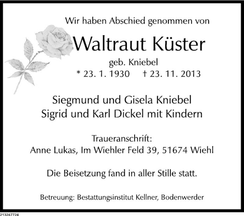  Traueranzeige für Waltraut Küster vom 04.12.2013 aus Deister- und Weserzeitung