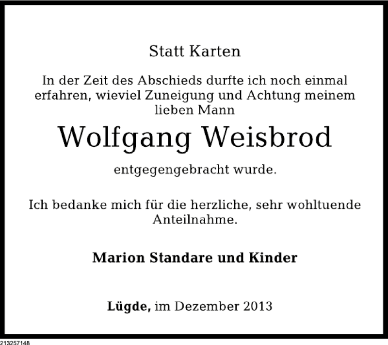  Traueranzeige für Wolfgang Weisbrod vom 31.12.2013 aus Deister- und Weserzeitung