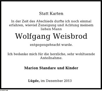 Traueranzeige von Wolfgang Weisbrod von Deister- und Weserzeitung