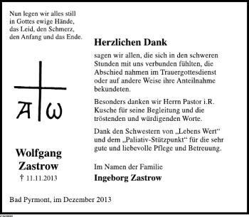 Traueranzeige von Wolfgang Zastrow von Deister- und Weserzeitung