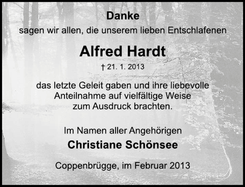  Traueranzeige für Alfred Hardt vom 09.02.2013 aus Deister- und Weserzeitung