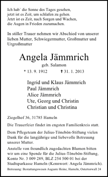 Traueranzeige von Angela Jämmrich von Deister- und Weserzeitung