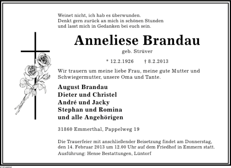  Traueranzeige für Anneliese Brandau vom 12.02.2013 aus Deister- und Weserzeitung