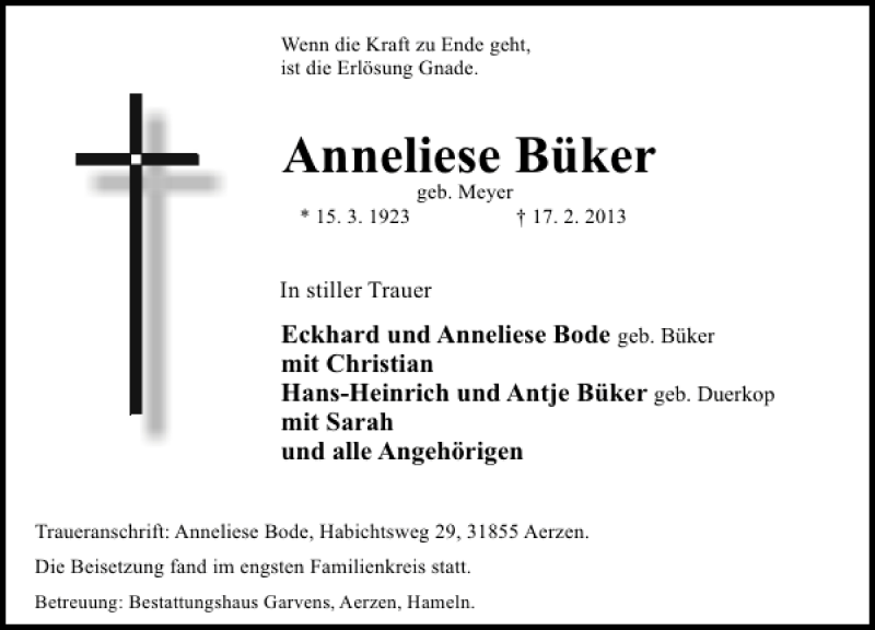  Traueranzeige für Anneliese Bülker vom 23.02.2013 aus Deister- und Weserzeitung