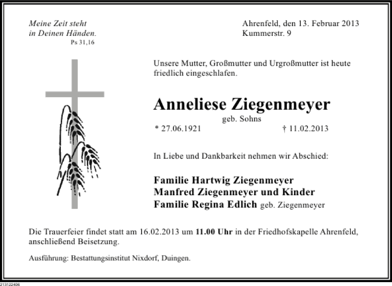  Traueranzeige für Anneliese Ziegenmeyer vom 14.02.2013 aus Deister- und Weserzeitung