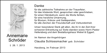 Traueranzeige von Annemarie Schröder von Deister- und Weserzeitung