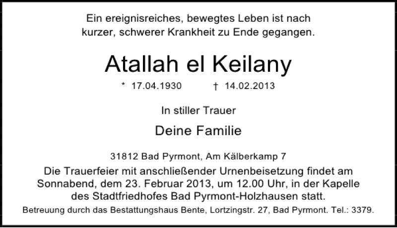  Traueranzeige für Atallah el Keilany vom 16.02.2013 aus Deister- und Weserzeitung