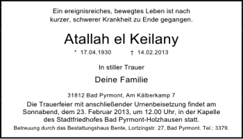 Traueranzeige von Atallah el Keilany von Deister- und Weserzeitung