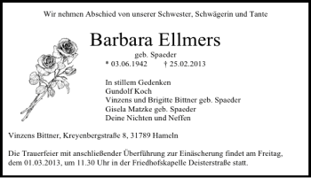 Traueranzeige von Barbara Ellmers von Deister- und Weserzeitung