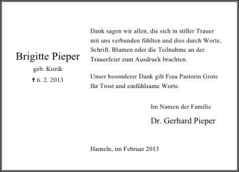 Traueranzeige von Brigitte Pieper von Deister- und Weserzeitung