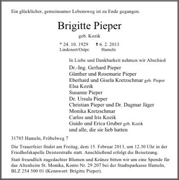 Traueranzeige von Brigitte Pieper von Deister- und Weserzeitung