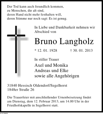 Traueranzeige von Bruno Langholz von Deister- und Weserzeitung