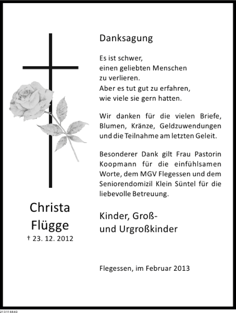  Traueranzeige für Christa Flügge vom 09.02.2013 aus Deister- und Weserzeitung