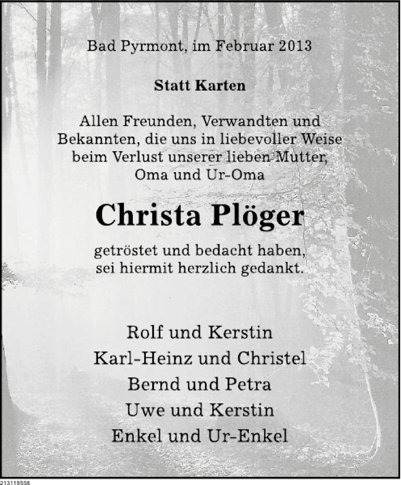  Traueranzeige für Christa Plöger vom 09.02.2013 aus Deister- und Weserzeitung