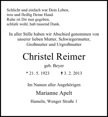 Traueranzeige von Christel Reimer von Deister- und Weserzeitung
