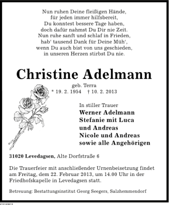 Traueranzeige von Christine Adelmann von Deister- und Weserzeitung
