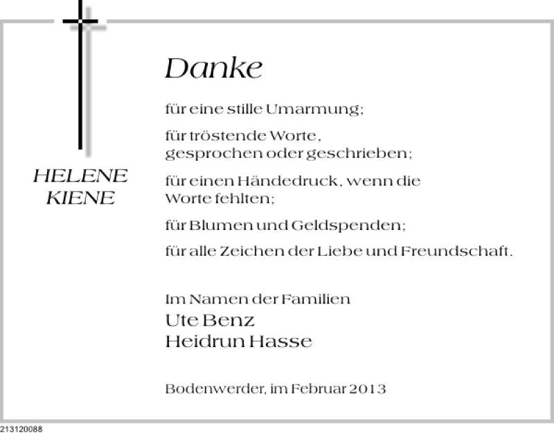  Traueranzeige für Danksagung Helene Kiene vom 09.02.2013 aus Deister- und Weserzeitung